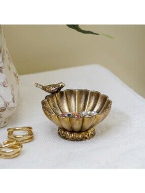 Nikky Home NWT Scalloped Mini Bird Trinket Dish Jewelry Bowl In Antique Gold